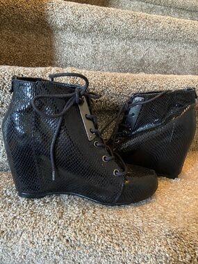 Call It Spring Black Lace-Up Wedge Ankle Boots, metal details size 7 with wear
